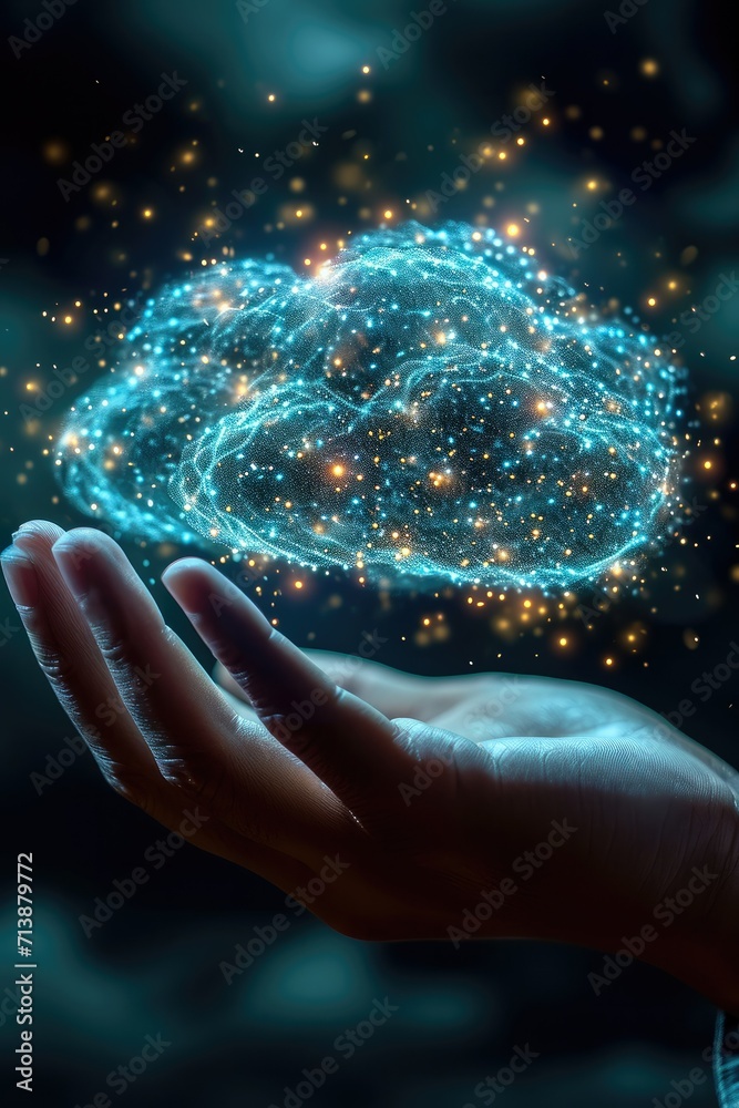 Leinwandbilder Illustration with cloud computing diagram shown by hand cloud technology data storage network and internet service concept. Generative AI.