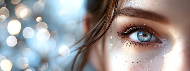 a woman's blue eye with a blurry background - obrazy, fototapety, plakaty