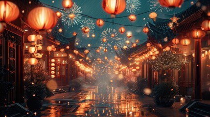 Obraz premium Congratulating the new year, Exterior fireworks, Lanterns, Chinese traditional landscape style. Generative AI.