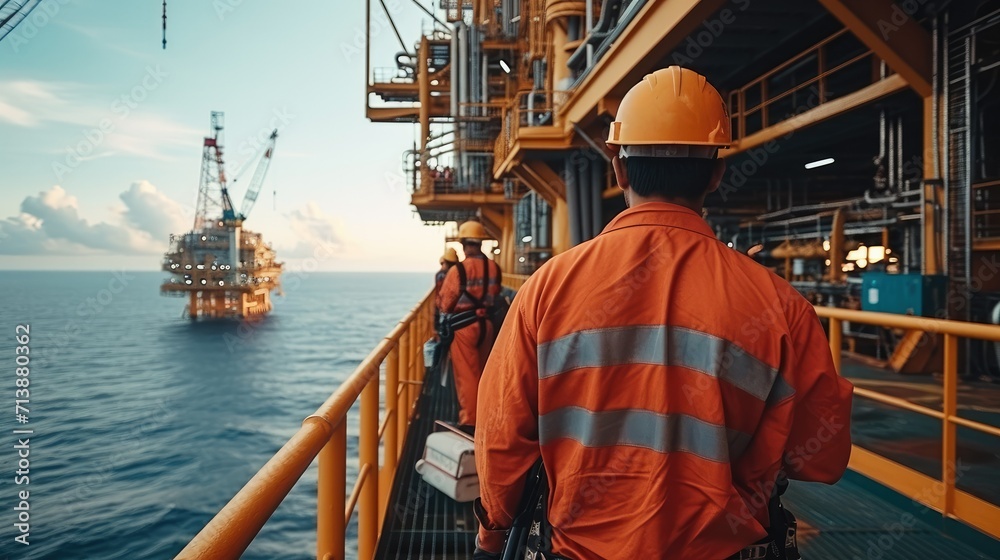Poster Group of petroleum Engineer working checking material machine on the exploration of petroleum in the sea. Generative AI.