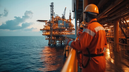 Group of petroleum Engineer working checking material machine on the exploration of petroleum in the sea. Generative AI.