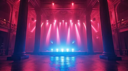 A party stage in the style of red and blue. Generative AI.