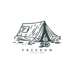 Vintage retro hand drawn camping tent adventure with campfire logo design badge