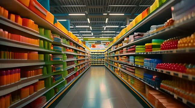 Supermarket store aisles are filled with a complete selection of food and other products