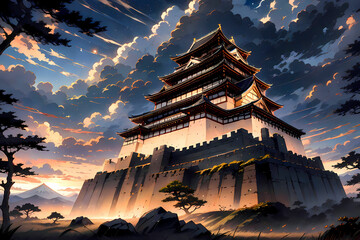 The royal castle of the emperor of Japan during Shogunate era stands majestic against billowing clouds in the sunset. A imposing Japanese fortress in feudal times at dusk. Dramatic landscape art. - obrazy, fototapety, plakaty