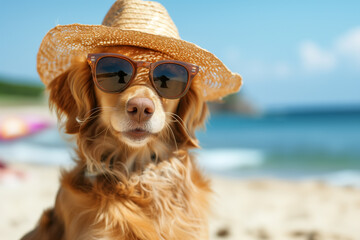 portrait of dog wearing sunglasses and sun hat on beach. dog in hat and glasses in a bright sea,...
