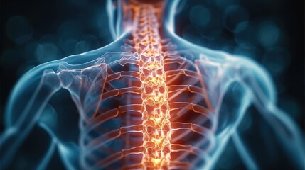 X Ray 3D Rendering, Man with severe pain in the lower spine and intervertebral discs. Generative AI.