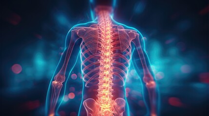 X Ray 3D Rendering, Man with severe pain in the lower spine and intervertebral discs. Generative AI. - obrazy, fototapety, plakaty
