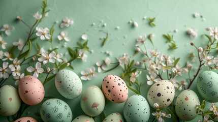 Obraz premium Top view painted pastel color Easter eggs with spring flowers on green loan with copy space.