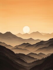 Minimalist Mountain Landscapes: Vintage Sunrise Over Mountain Field