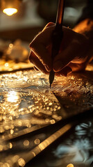 Artist carefully engraving a pattern onto metalwork. High quality photo