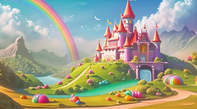 castle in fairy tale fairyland with majestic palace lots of rainbows, rivers, cartoon animation video background