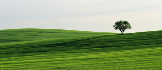 A lone tree stands sentinel over undulating waves of emerald, a testament to the peaceful solitude of the pastoral landscape