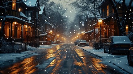 The streets are empty in winter and snow is falling in the sky. Generative AI.