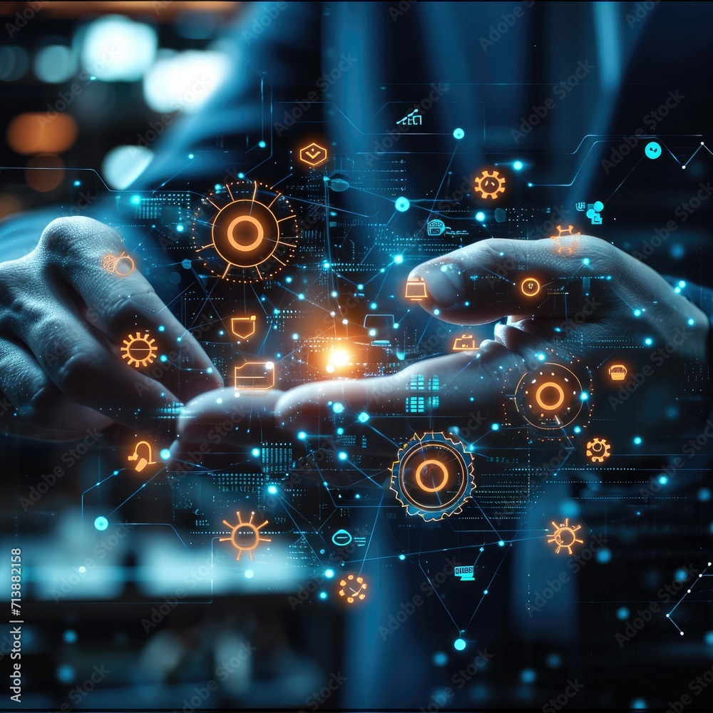 Aufkleber Business process management and workflow automation diagram and icons with connection line network in background, Business process management with Ai technology and connection line network.