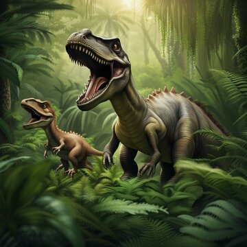 background illustration of dinosaurs in the middle of the forest