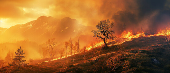 A wildfire rages in the wilderness, its fierce blaze engulfing the land as dusk sets on the mountainous horizon