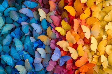 Colors of rainbow. Pattern of multicolored butterflies morpho, texture background. butterflies...