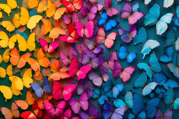 Colors of rainbow. Pattern of multicolored butterflies morpho, texture background. butterflies...