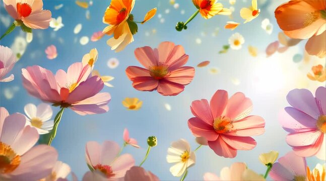 spring flowers flying in the air pattern, pastel colors