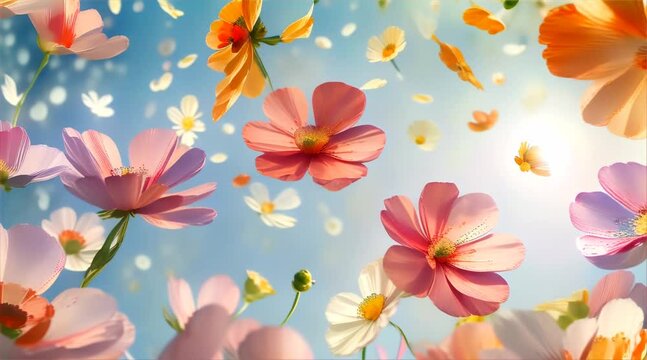 spring flowers flying in the air pattern, pastel colors