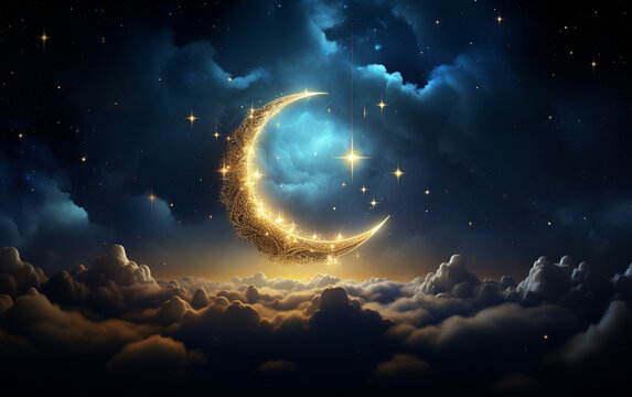 Ramadan Background with Vibrant Colors and Crescent Moon. Islamic Ramadan Celebration with Cloudy Sky and Crescent
