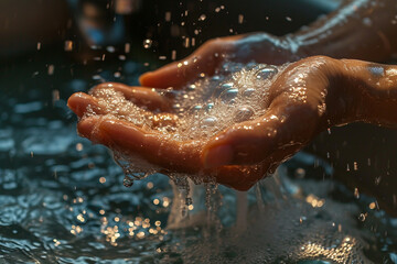 Detail of soapy hands under running water to promote cleanliness.