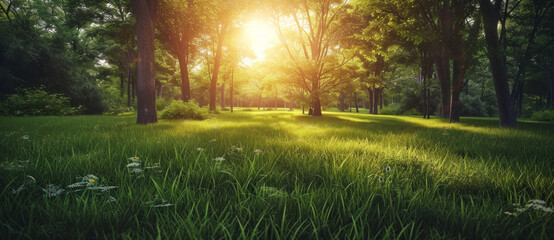 Morning sunlight filters through a verdant grove, casting a tapestry of light and shadow upon the dew-kissed grass
