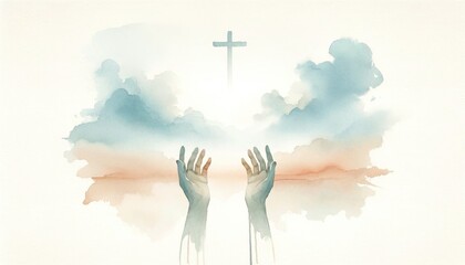 Watercolor illustration of hands with a cross in the sky and clouds - obrazy, fototapety, plakaty