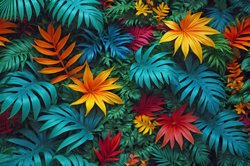 Coloful Assortment of Jungle Leaves and Flowers Background Wallpaper Generative AI