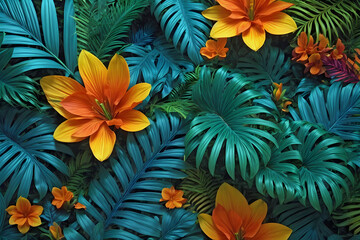 Fototapeta na wymiar Coloful Assortment of Jungle Leaves and Flowers Background Wallpaper Generative AI