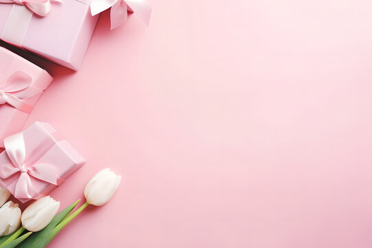 Romantic concept for Mother's Day or Valentine's Day. Top view photo featuring a gift box adorned with a ribbon and a bouquet of tulips on a pink background. Valentine pink background with copy space.