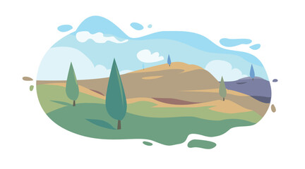 Fototapeta na wymiar Vector Landscape illustration of Green Hills and Blue Sky in the Summer morning 