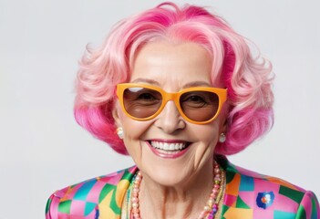 An older woman with pink hair and wearing orange sunglasses smiles brightly, wearing brightly colored clothes