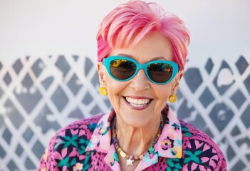 An older woman with pink hair and wearing blue sunglasses smiles brightly, wearing brightly colored clothes