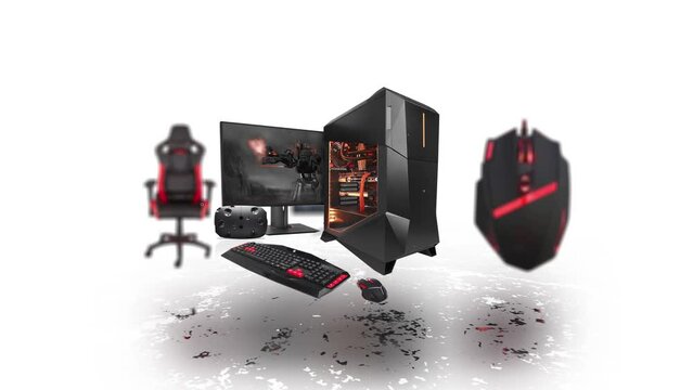 Motion animation of Computer, mouse, gaming chair and monitor. Sales show of gaming Player products.