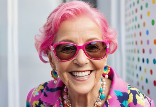 An older woman with pink hair and wearing pink sunglasses smiles brightly, wearing brightly colored clothes