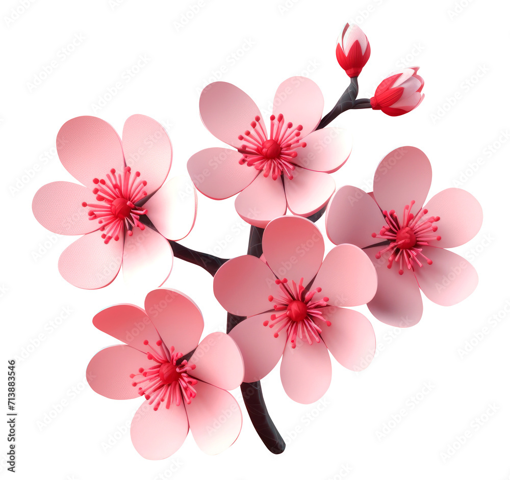 Wall mural cherry blossom 3d illustration. sakura branch with flowers. 3d decorative art.