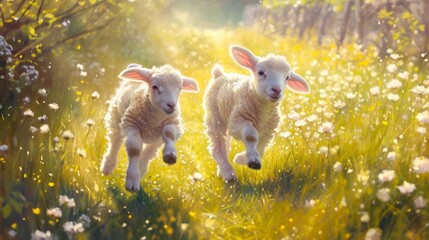 Cute lambs running in the green field filled with flowers in sun rays