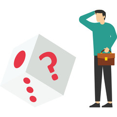 Businessman standing and thinking about question, throwing dice, question marks, gambling, Vector illustration design concept in flat style

