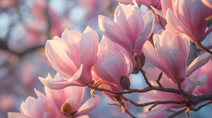 Close up of beautiful soft pink magnolia blooming flowers