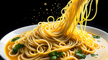 yellow noodles drenched in soup float deliciously on a black background.