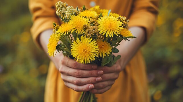 Close up of young woman hands holding a bouquet of yellow dandelions - Powered by Adobe