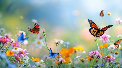 Fototapeta na wymiar Meadow filled with colorful butterflies alighting on freshly bloomed flowers