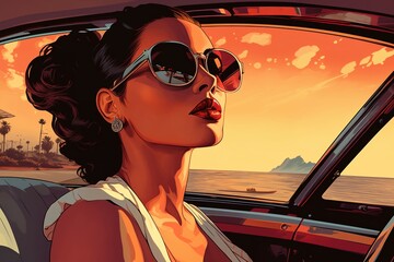 Naklejka premium Portrait of a beautiful fashionable woman with a hairstyle and sunglasses, in a car. Bright sunset sky, orange color. Illustration poster in the style of 1960