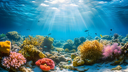Diverse Marine Life in Clear Blue Water - obrazy, fototapety, plakaty