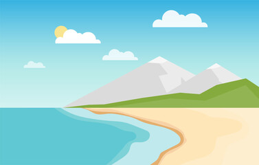 Seascape with mountains, beautiful beach, clouds and sun. Vector illustration.