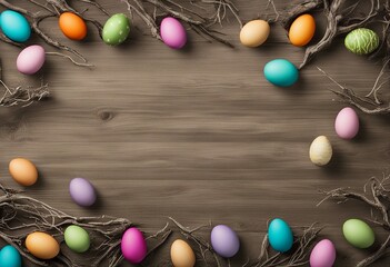 Obraz premium Easter Eggs with Branches on Wood Background