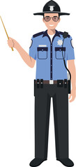 Standing American Policeman Sheriff Officer with Wooden Pointer Stick in Traditional Uniform Character Icon in Flat Style. Vector Illustration