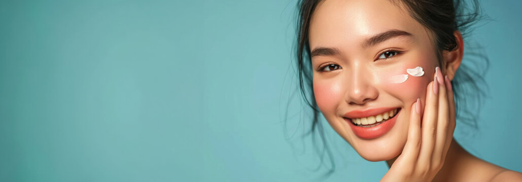 Asian girl with beautiful face smiling with natural makeup, touching glowing moisturized skin, image with space for text. Created with Generative Ai technology.